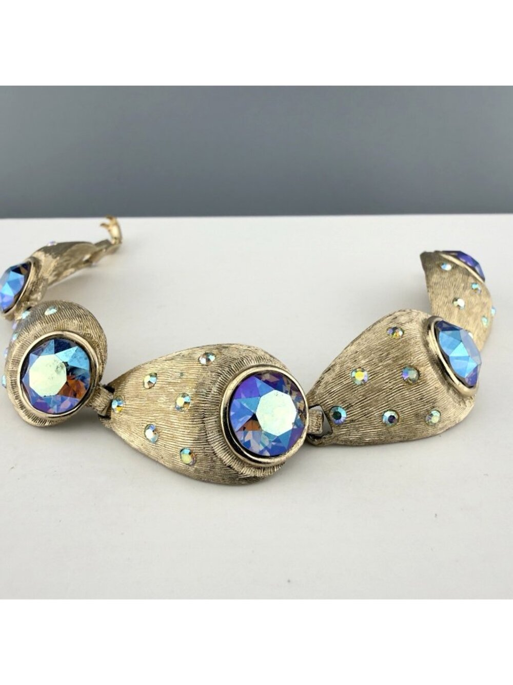 Vintage Rhinestone Link Bracelet Peacock Blue AB Stones Brushed Gold Tone